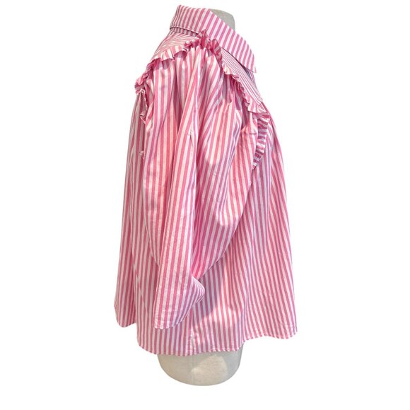 Pink & White Striped Ruffle Button-Down Blouse By Karlie Large Cotton Womens - Picture 4 of 10